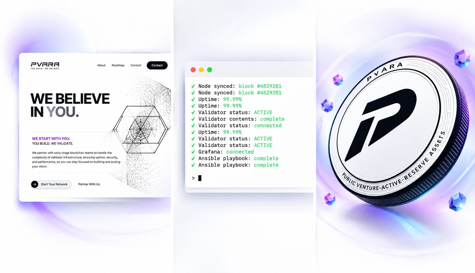 Web3 infrastructure — website UI, node terminal, and branding visuals